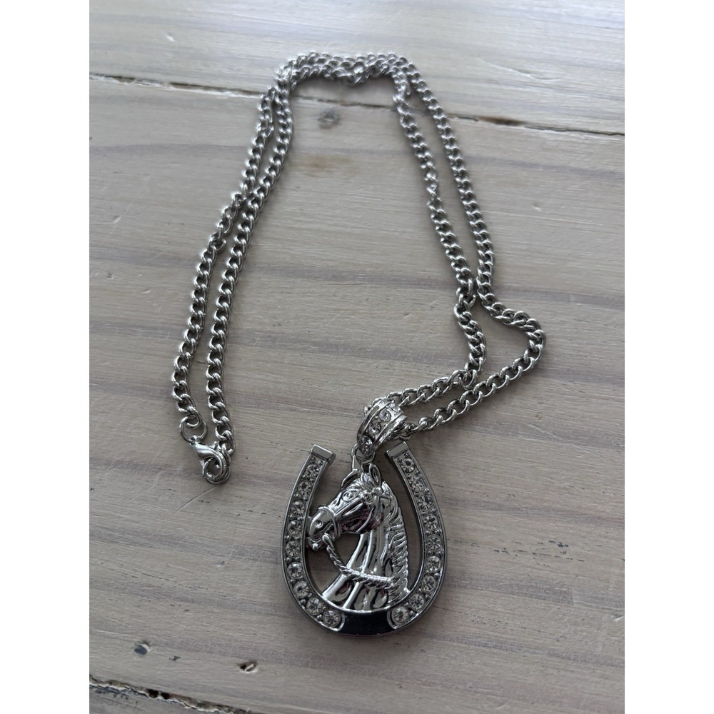 Fashion Horse Horseshoe Shaped Pendant Jewelry Gift Silver Tone Necklace EUC‎